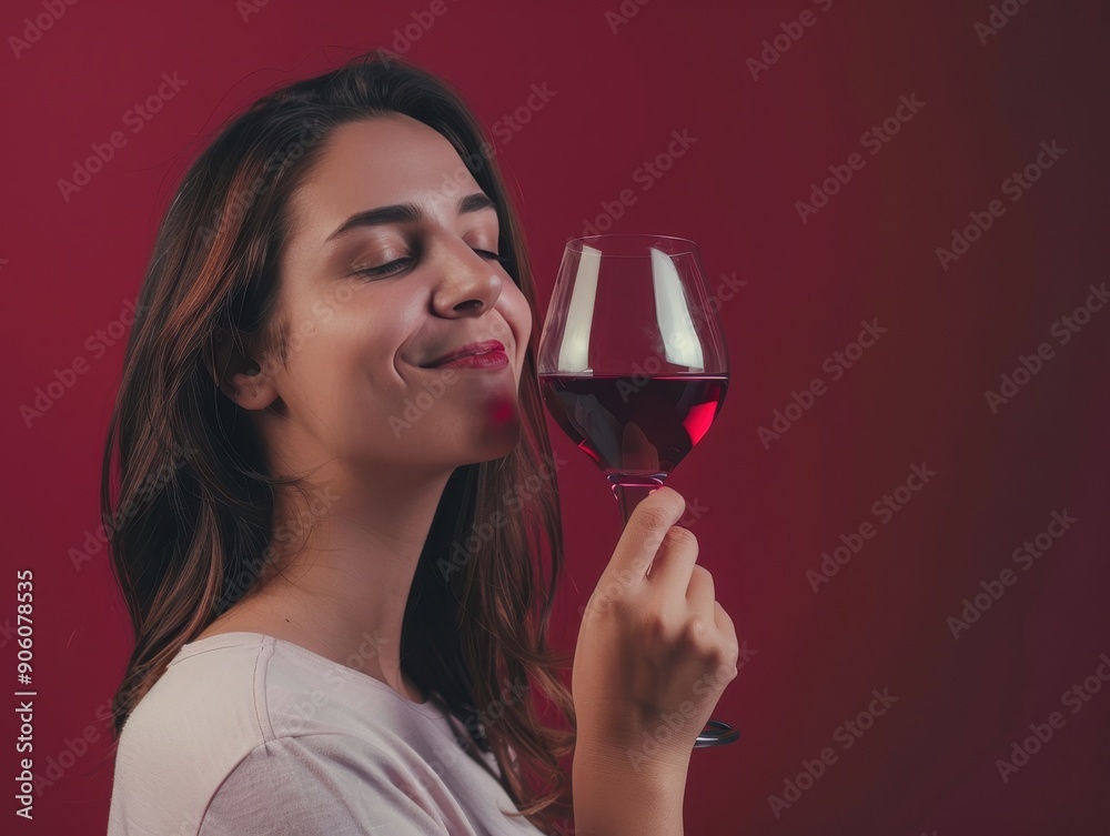 Serene Woman Enjoying a Glass of Wine in Cozy Burgundy Atmosphere with Copyspace for Message. Serene Woman Enjoying a Glass of Wine in Cozy Burgundy Atmosphere with Copyspace for Message.