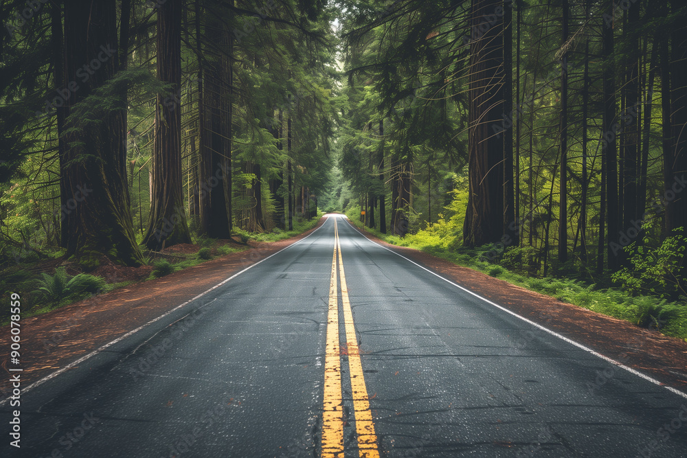 Fototapeta premium Tranquil nature landscape: scenic forest road with trees, highway, and path