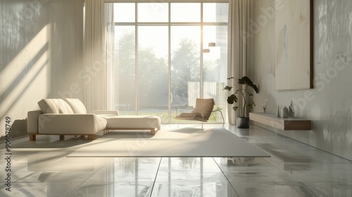A modern interior background showcasing a sleek living room with minimalist furniture, neutral colors, and large windows letting in natural light, creating a stylish and contemporary living space