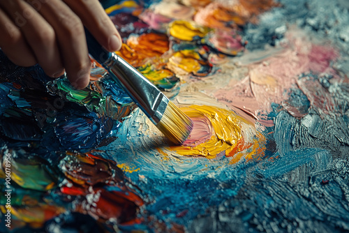 Photograph of a Painter Setting Up an Easel and Canvas: Preparing paints and brushes in a studio.