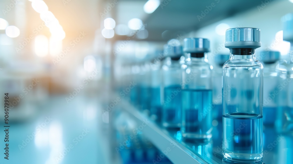 A row of glass vials filled with blue liquid in a modern laboratory setting, representing medical research and pharmaceutical development. A row of glass vials filled with blue liquid in a modern laboratory setting, representing medical research and pharmaceutical development.
