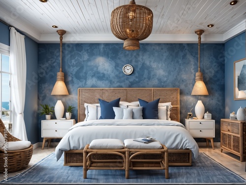 Front view modern bedroom interior in nautical marine style with blue decorative stucco wall, wicker furniture, celling wooden lamps, white soft bed. photo