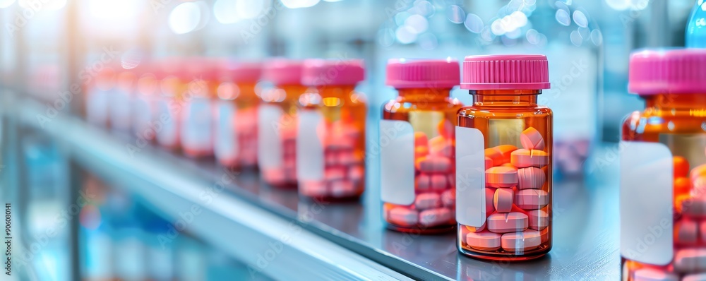 Row of bottles with red caps filled with colorful pills in a pharmacy or laboratory setting, showcasing medication and healthcare supplies. Row of bottles with red caps filled with colorful pills in a pharmacy or laboratory setting, showcasing medication and healthcare supplies.
