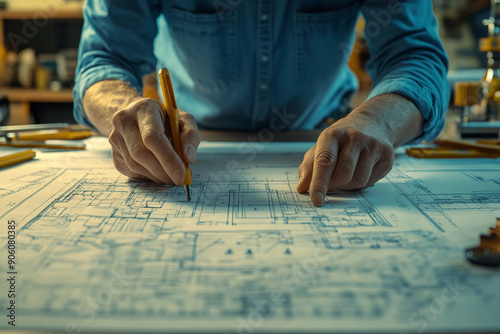 Photograph of an Engineer Preparing Blueprints: Arranging technical drawings and tools.