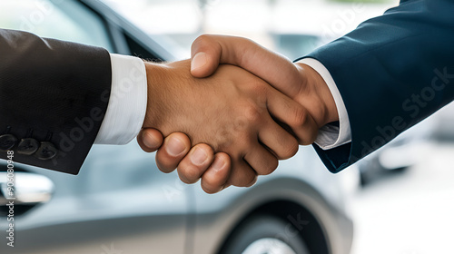 Salesman shaking hands with his client after selling car at dealership Concept of car sale 