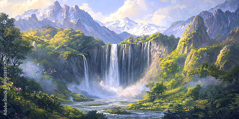 Fototapeta premium A majestic waterfall cascades down the rugged mountains, generative AI
