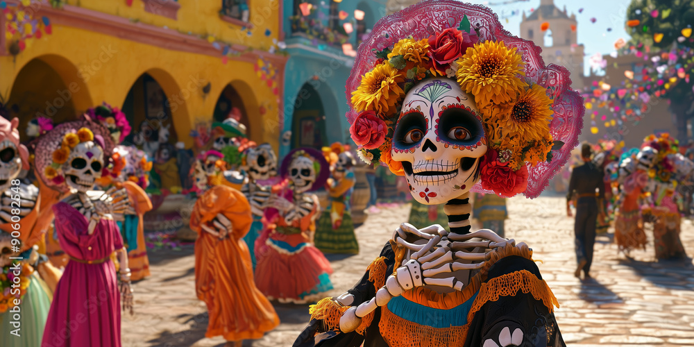 The vibrant Dia de los Muertos Festival with traditional costumes, music and decorations in the town square The vibrant Dia de los Muertos Festival with traditional costumes, music and decorations in the town square