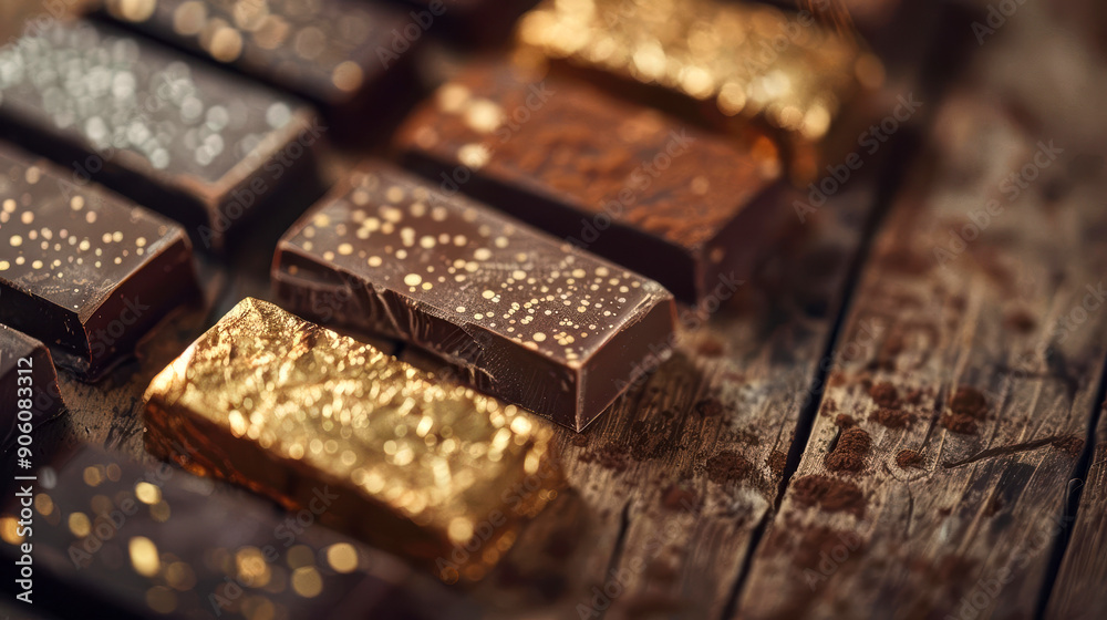 Assortment of artisanal chocolate bars with gold leaf on a rustic wooden background. Assortment of artisanal chocolate bars with gold leaf on a rustic wooden background.