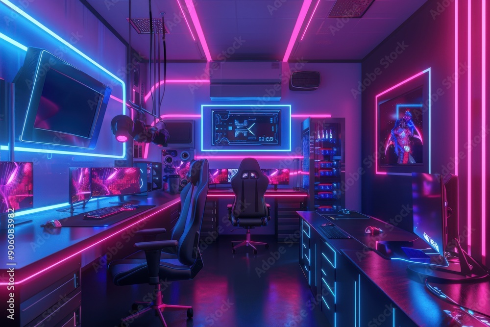 Futuristic gaming room mock-up with neon accents and holographic elements
Futuristic gaming room mock-up with neon accents and holographic elements