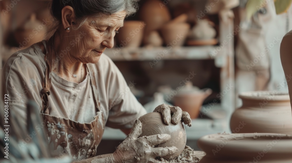 a caucasian woman working with a ball of clay in her workshop, clay art, Pottery Workshop a caucasian woman working with a ball of clay in her workshop, clay art, Pottery Workshop