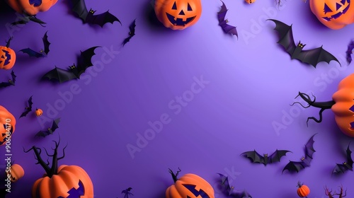 Pumpkins, bats and autumn leaves on a purple background. Festive background in honor of Halloween.