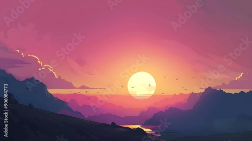 Sunset over a mountain range with a yellow sun and a river reflecting the light.