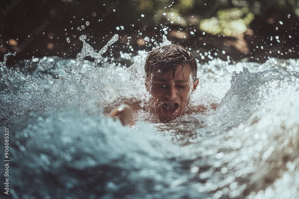 Fototapeta premium Man Submerged in Turbulent Water, Face Visible, Splashing