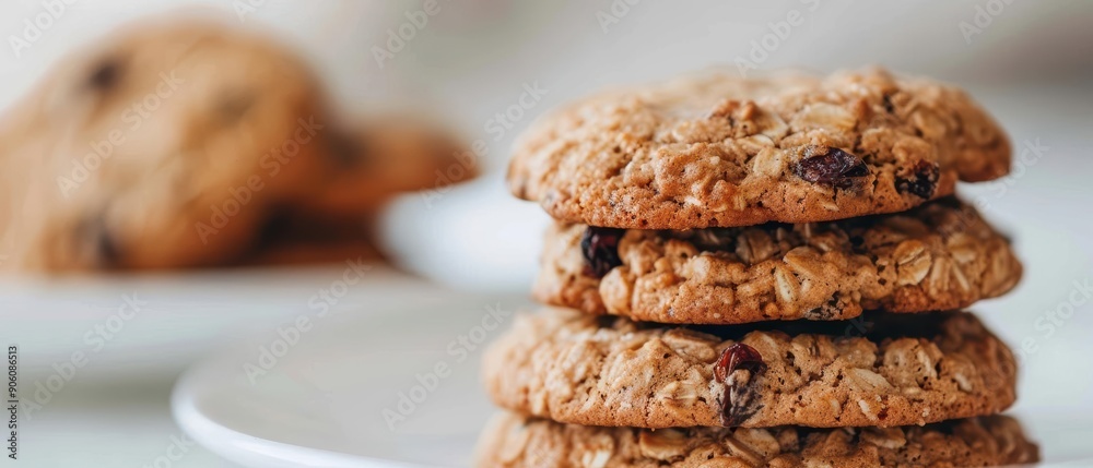 Closeup of a stack of four oatmeal raisin cookies on a white plate. Closeup of a stack of four oatmeal raisin cookies on a white plate.