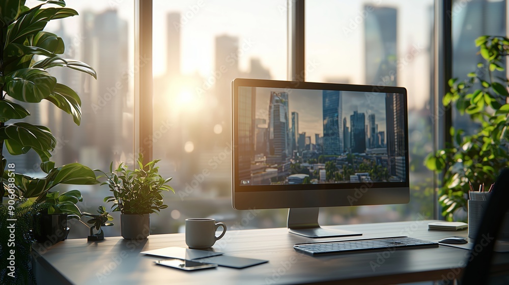 Modern Professional Workspace in Office with Cityscape View Modern Professional Workspace in Office with Cityscape View