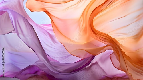 calming rhythms, vibrant silk currents in a dance of warm and cool pastel tones, abstract fabric wave, pink orange purple, abstract colorful background.