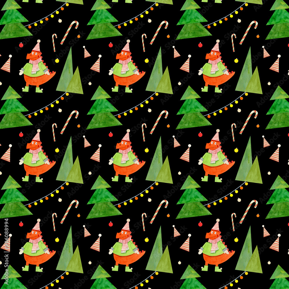 Hand painted background with green fir trees and cute dinosaur in sweater