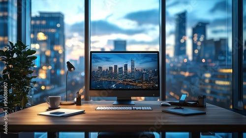 Modern Professional Workspace in Office with Cityscape View