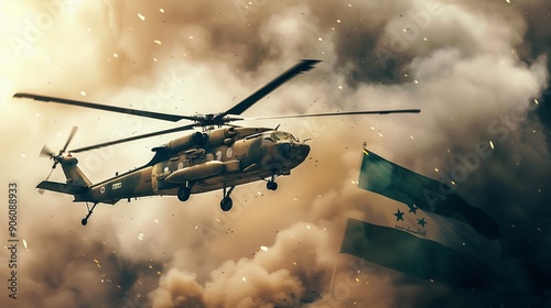 A close-up of a Defence Day flag's fabric texture, bold design incorporating military badges, panaflex with a dynamic image of military tanks, powerful image of military aircraft.