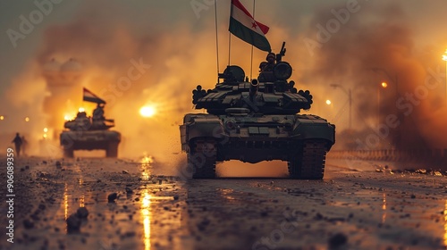 A close-up of a Defence Day flag's fabric texture, bold design incorporating military badges, panaflex with a dynamic image of military tanks, powerful image of military aircraft.