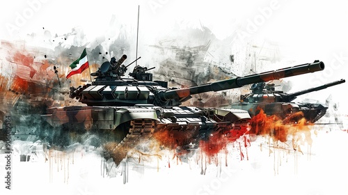 A close-up of a Defence Day flag's fabric texture, bold design incorporating military badges, panaflex with a dynamic image of military tanks, powerful image of military aircraft.