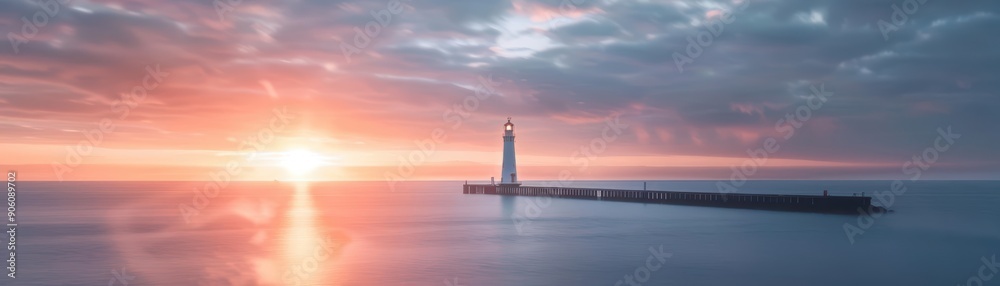 Lighthouse silhouette at sunrise with golden sky and calm sea.