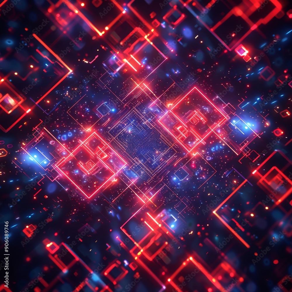 Glowing Geometric Shapes of Neon Red and Blue on a Black Particles Background, Radiant Particle Effects for a Futuristic and Dynamic Visual Impact Glowing Geometric Shapes of Neon Red and Blue on a Black Particles Background, Radiant Particle Effects for a Futuristic and Dynamic Visual Impact