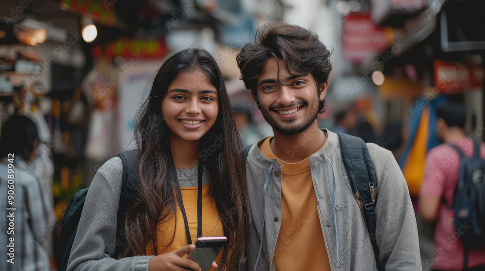 Obraz premium young indian couple using smartphone at city street