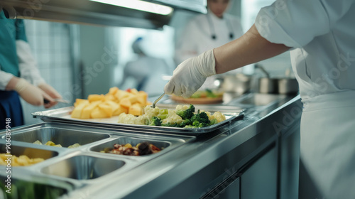 Obraz na płótnie A hospital chef in a white uniform stirs a large pot of soup in a spotless kitchen the aroma of freshly cooked vegetables fills the air creating a welcoming atmosphere for meal preparation w salonie