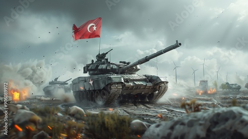 A close-up of a Defence Day flag's fabric texture, bold design incorporating military badges, panaflex with a dynamic image of military tanks, powerful image of military aircraft.