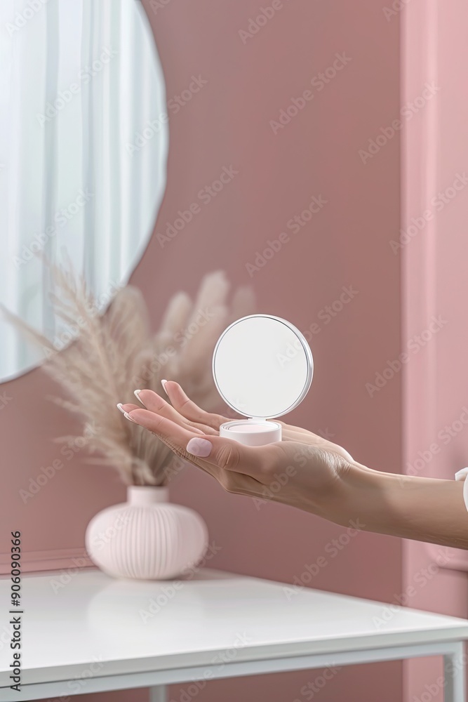 Fototapeta premium Fragile female hand holding a blank mockup pack of cotton pads on a linen fabric isolated background