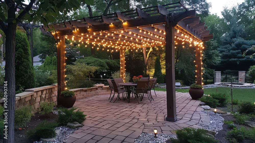 A patio with a gazebo and a table with chairs. The table is lit up with lights A patio with a gazebo and a table with chairs. The table is lit up with lights