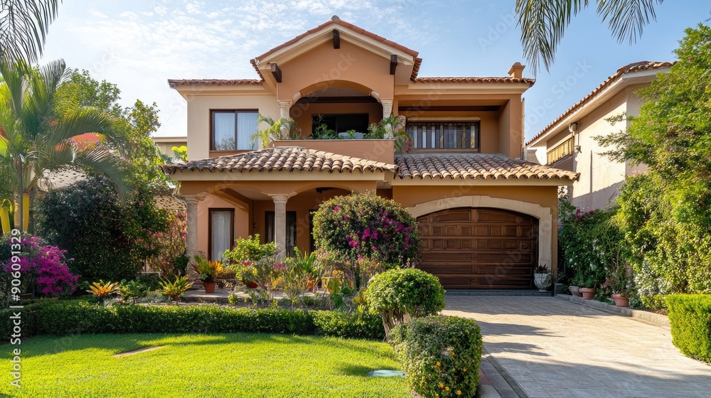 House exterior with neat garden and ample copy space for real estate House exterior with neat garden and ample copy space for real estate