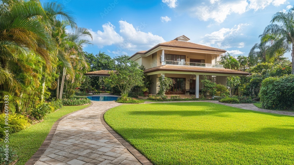 House exterior with neat garden and ample copy space for real estate. House exterior with neat garden and ample copy space for real estate.