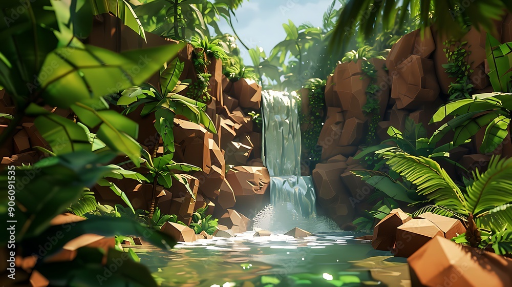 Fototapeta premium Low Poly Waterfall in Lush Jungle.