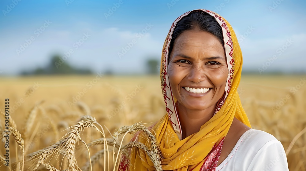 A smiling Indian woman farmer stands in the middle of her wheat field ...