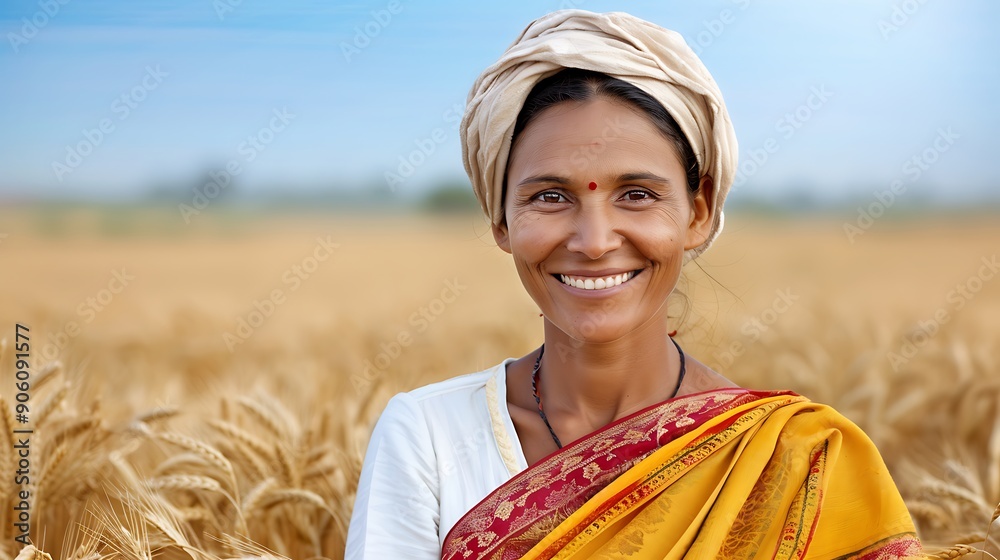 A smiling Indian woman farmer stands in the middle of her wheat field ...