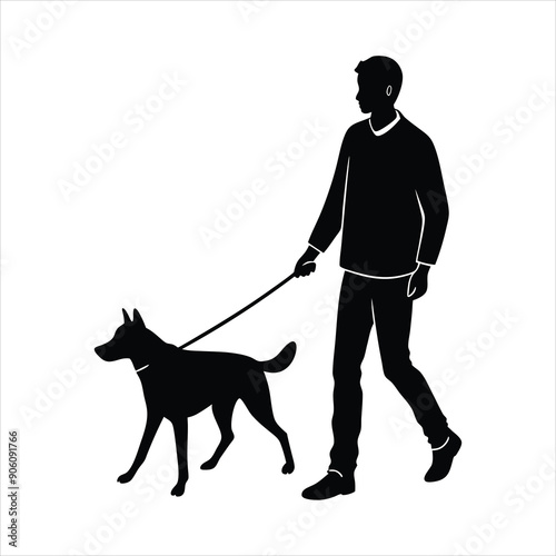 Young man walking with a dog colors black vector