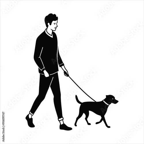 Young man walking with a dog colors black vector