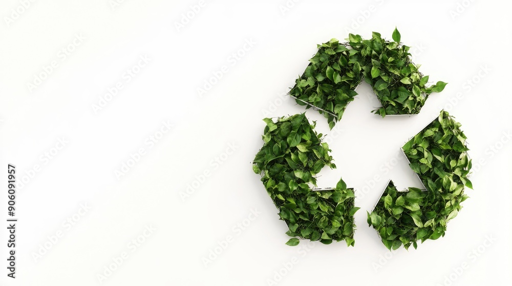 Recycling symbol made of green leaves on a white background, featuring blank space for copy.