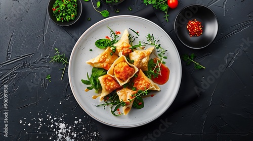 gourmet photography of plate with 8 p cocktail wontons in the shape and color of flower petals, sitting on top of each other, made from golden alliana dough filled with chardish adana meat and sauce, photo