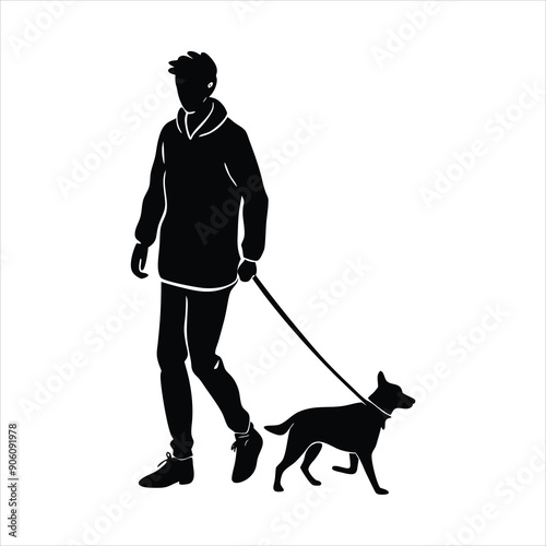 Young man walking with a dog colors black vector