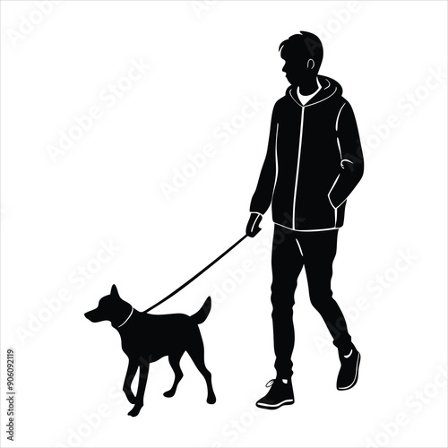 Young man walking with a dog colors black vector