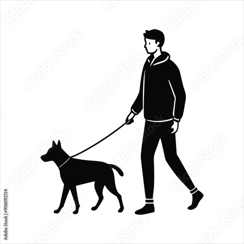 Young man walking with a dog colors black vector