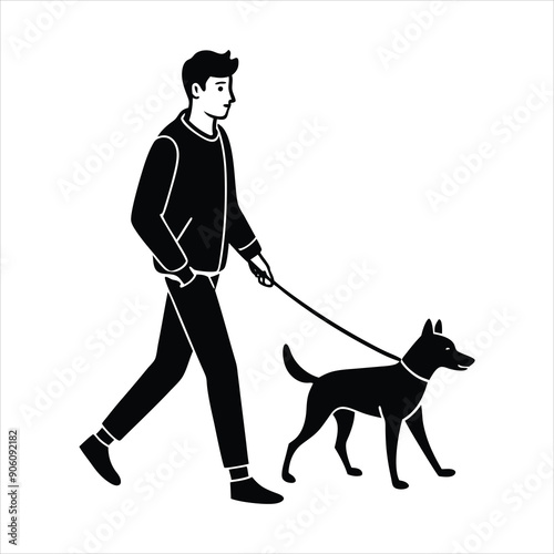 Young man walking with a dog colors black vector