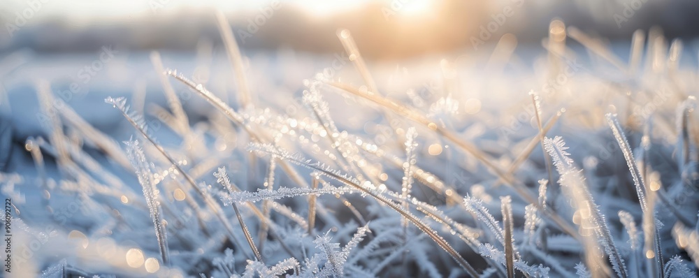 Closeup of frosty grass blades in the morning sunlight.