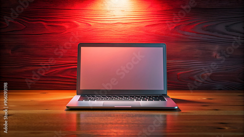 Dramatic red light empty mockup screen laptop on rustic wooden desk, perfect for tech or business themes. Modern technology meets classic design: Laptop bathed in red light on wooden surface, ide