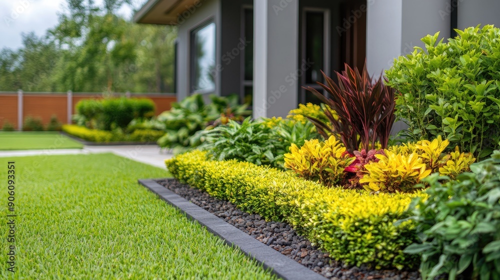 Well-maintained front yard with decorative plants and blank space for text. Well-maintained front yard with decorative plants and blank space for text.