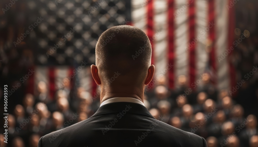 Rear view of a man in a suit, standing in front of a crowd with the American flag in the background.