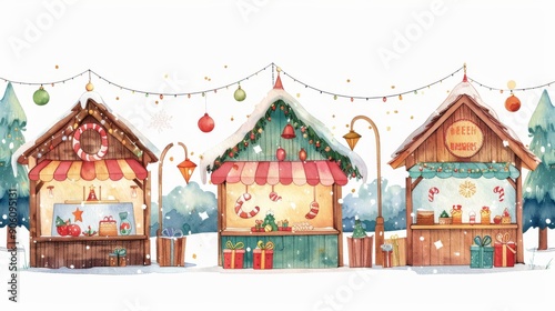 Cartoon watercolor Christmas market with festive stalls and twinkling lights. Isolate A white background surrounds the main subject.
